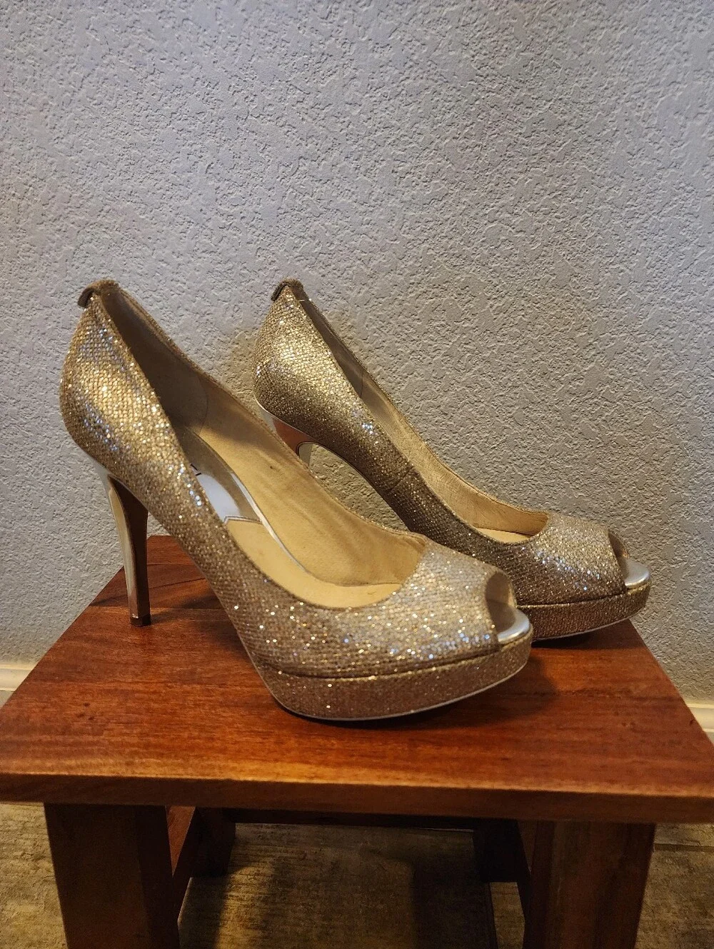 Michael Kors Silver Glitter Peep-Toe Platform Pumps